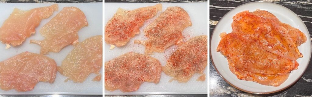 Chicken breasts coated with spices on a cutting board.