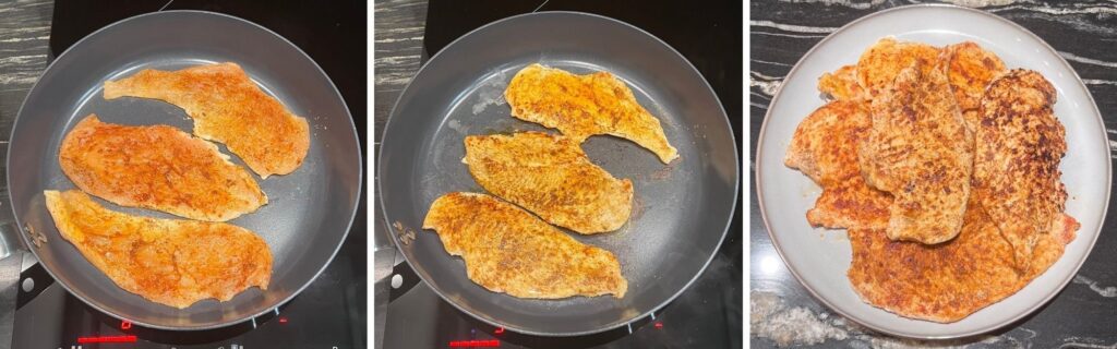 Chicken breasts grilling in a non-stick pan.