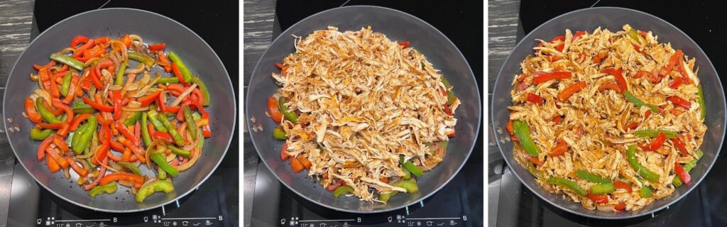 Shredded chicken mixed with sautéed peppers and onion in a pan.