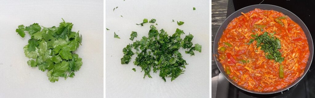 Freshly chopped cilantro being sprinkled into the pan.