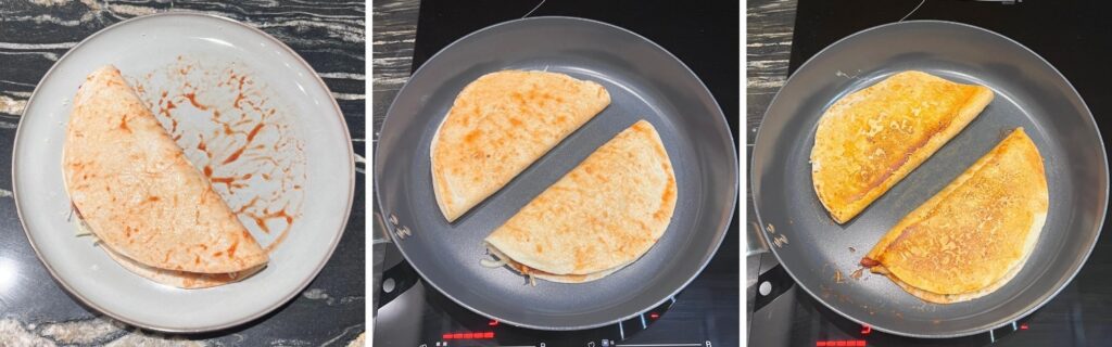 Grilled taco crisping in a pan, ready to be served.