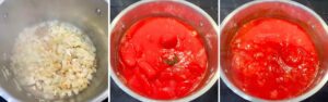 making marinara sauce including cooking onions and tomato sauce