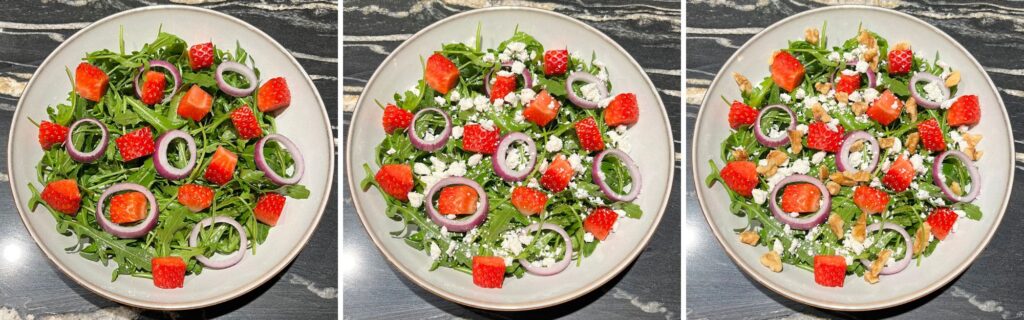 plating arugula and strawberry salad in a plate