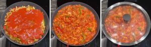 adding tomato sauce to shredded chicken, onions, and bell peppers