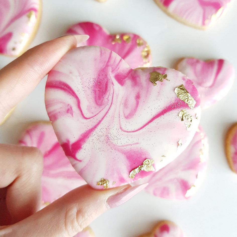 Pink Heart marble cookies iced