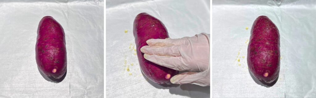 brushing olive oil on sweet potato to bake in the oven