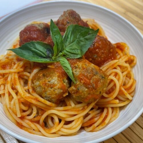 spaghetti plate with homemade italian meatballs