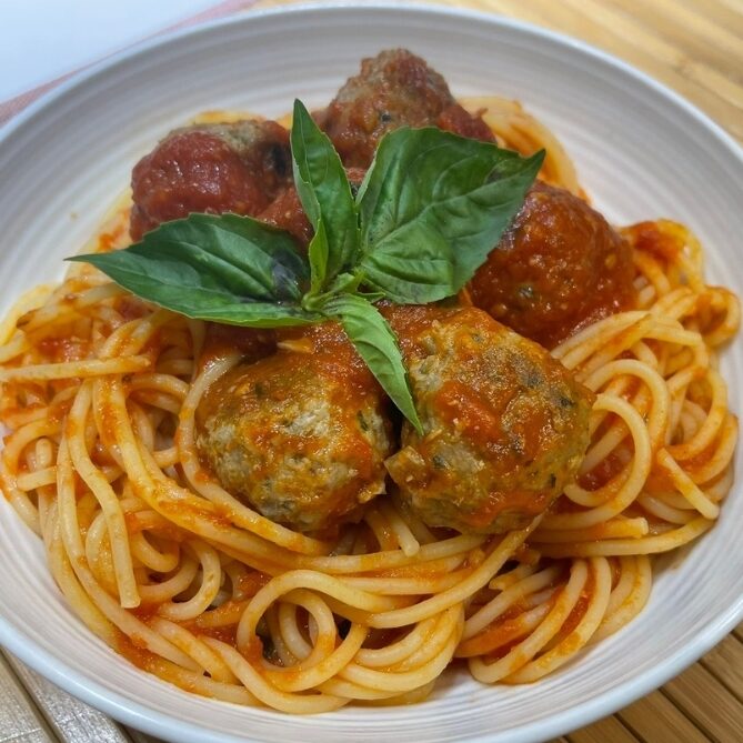 spaghetti plate with homemade italian meatballs