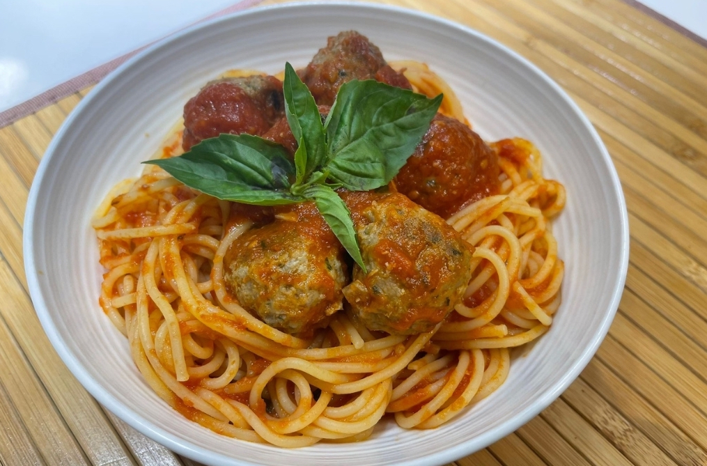 spaghetti plate with homemade italian meatballs