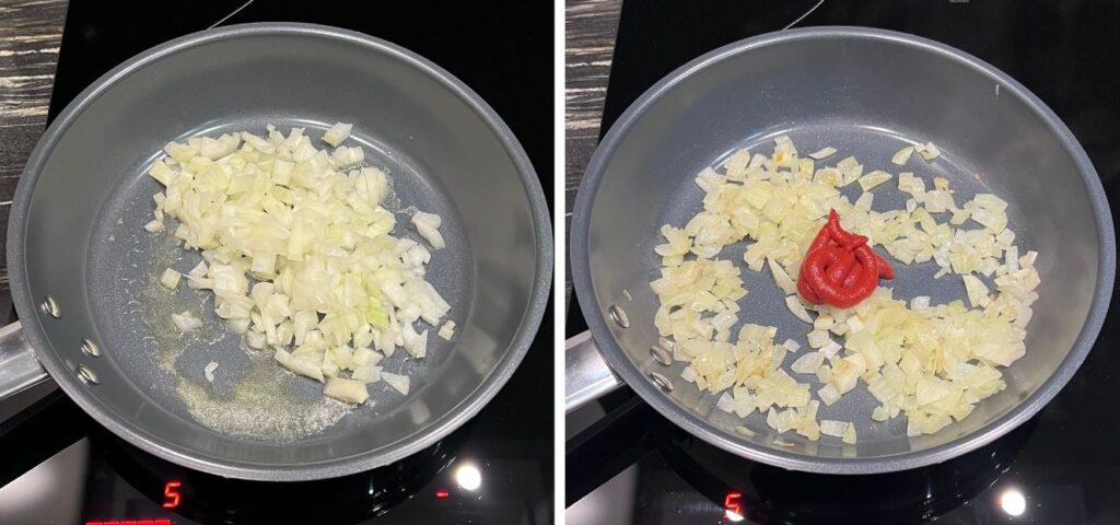 saute onions in a pan and adding tomato paste