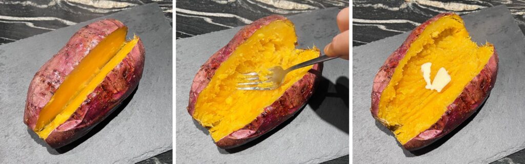 cut baked sweet potato mashing the inside and adding buter