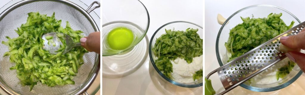 removing excess water from grated cucumbers and adding grated garlic