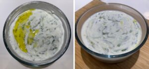 adding olive oil to tzatziki sauce and mixing