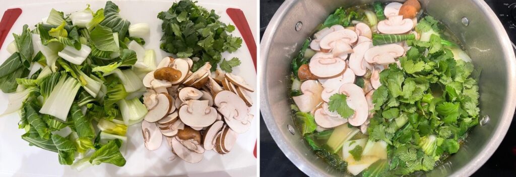 chopped mushroom and bok choy on a board then adding them to dumpling soup in a pot