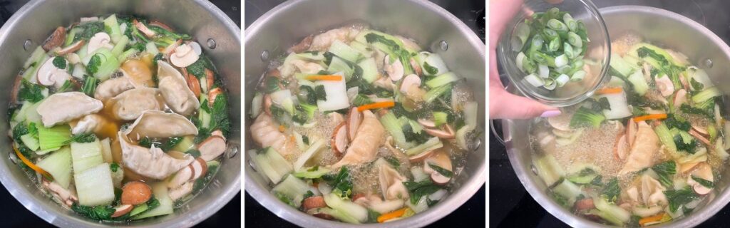 adding dumplings to soup in a pot