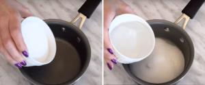 adding water and sugar to a pan to make simple syrup