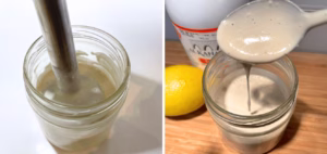 blending tahini sauce ingredients in a jar to make tarator