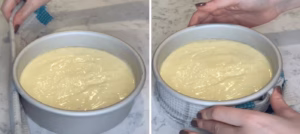 Wrapping a damp towel strip securely around the outside of a cake pan