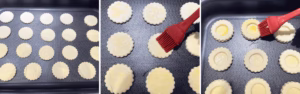 making vol au vent including laying circles on baking sheet and brushing with egg