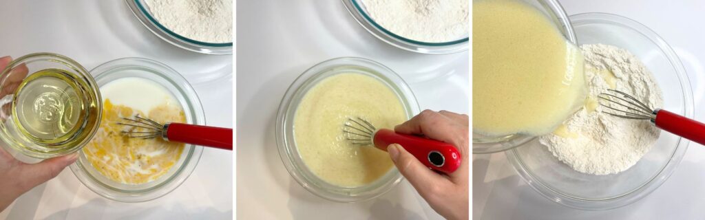 step in making homemade waffles including adding oil to milk and eggs and adding wet ingredients to dry 