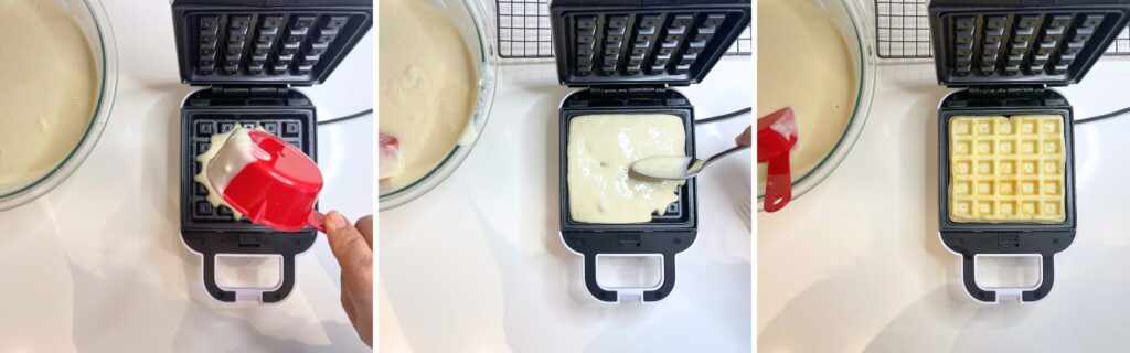 last step in making waffles at home including cooking the batter in waffle maker