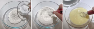 making homemade pancakes including mixing dry ingredients and mixing wet ingredients