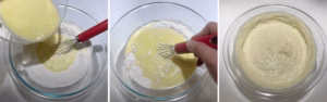 making an easy pancakes recipe including adding wet ingredients to dry ingredients and mixing