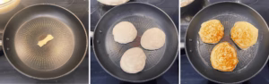 making homemade pancakes including cooking on a buttered pan for 2 minutes each side