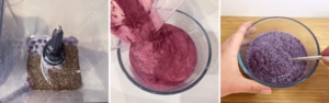 Blending milk, frozen blueberries, and chia seeds to make blueberry chia pudding