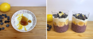 Layering blueberry chia pudding with lemon yogurt, banana slices, and fresh blueberries