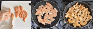cutting chicken and cooking to make homemade fajitas