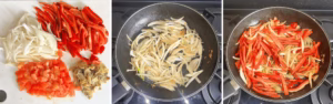 making fajita wraps including cutting vegetables and cooking them in a pan