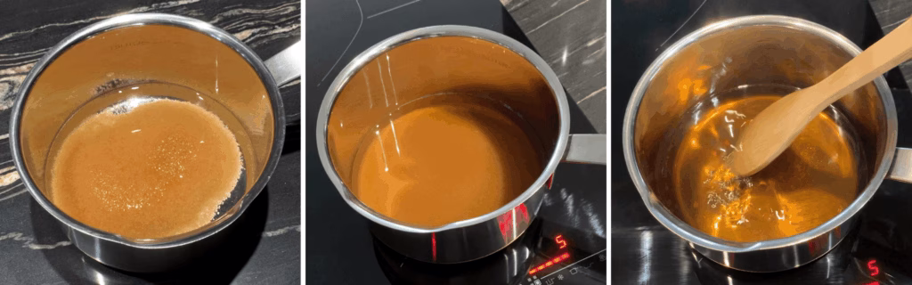 Water and sugar warming up in a saucepan