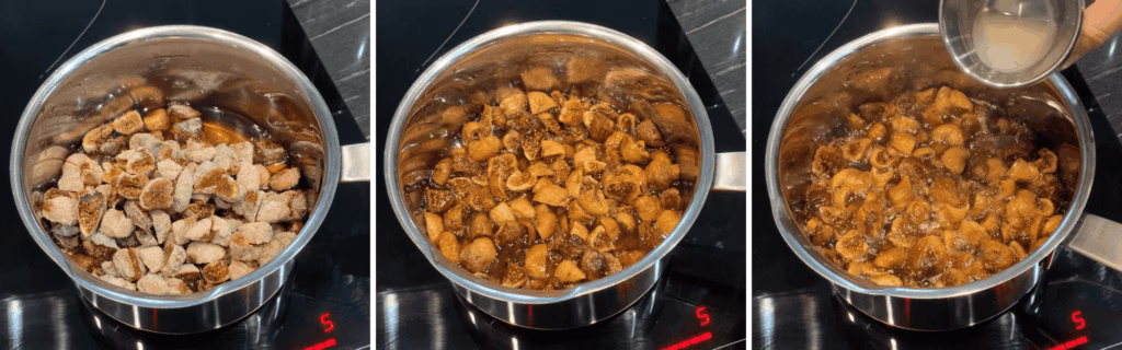 adding dried figs to sugar and water syrup then adding lemon juice to make fig jam