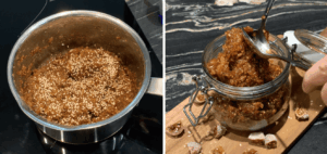adding sesame seeds to fig jam and transferring it to a clean jar