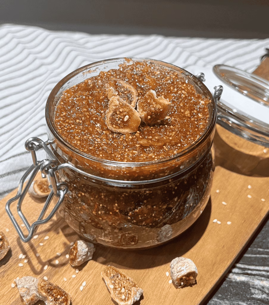 Jar filled to the top with homemade fig jam