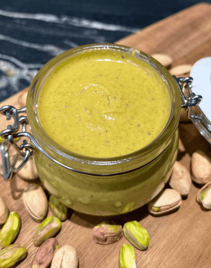 close up of homemade pistachio cream in a glass jar