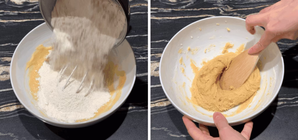 dry ingredients being mixed into the wet ingredients to form cookie dough