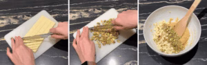 chopped white chocolate and pistachios being added to the cookie dough