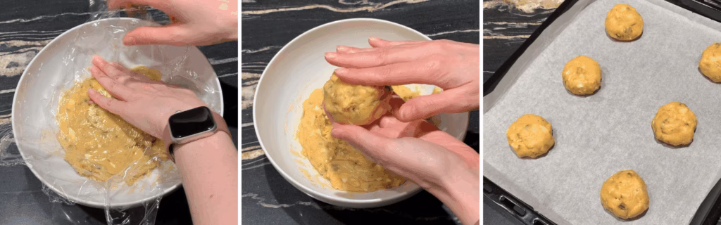 cookie dough being covered, scooped, and placed onto a baking tray