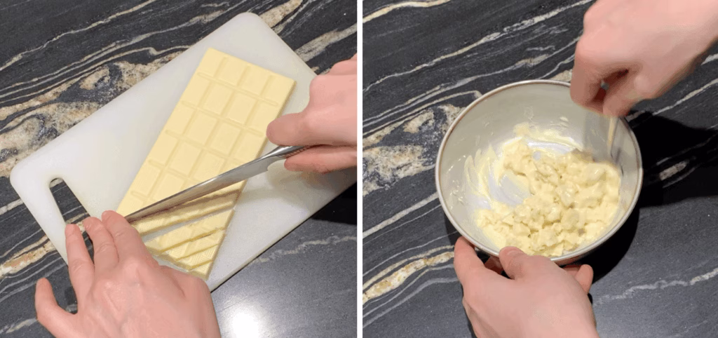 chopping white chocolate bar and mixing chocolate in bowl to melt