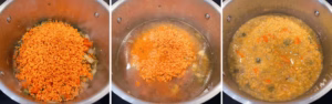making lentils soup including adding red lentils to vegetables and cooking