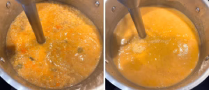 blending cooked red lentils to make homemade lentils soup