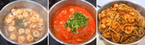 making shrimp pasta including adding shrimps tomato sauce and pasta