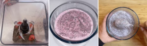Blending milk, frozen strawberries, and chia seeds for strawberry chia pudding