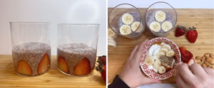 Dividing strawberry chia pudding into jars and mixing banana, yogurt, and maple syrup in a separate bowl for the topping