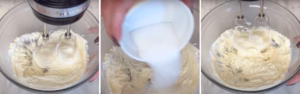 mixing cream cheese with sugar to make cream cheese frosting