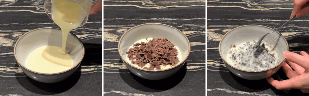 Condensed milk and chopped chocolate in a microwave-safe bowl before heating
