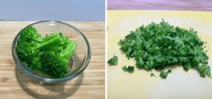 Broccoli microwaved and chopped on a cutting board