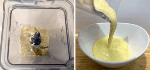 Eggs, cottage cheese, almond flour, and baking powder in a blender then poured in a bowl